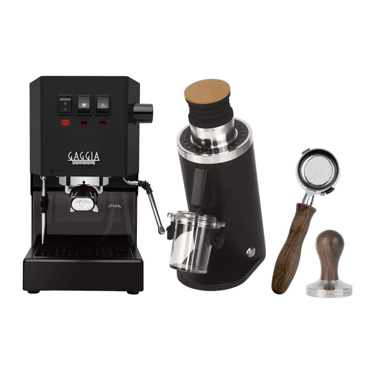 Gaggia Classic E24 Thunder Black, DF54 (Black) Grinder, Bottomless Portafilter, & Tamper Bundle Espresso Machine Gaggia