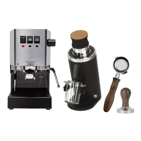 Gaggia Classic E24 Stainless Steel & DF54 (Black) Grinder, Bottomless Portafilter, & Tamper Bundle Espresso Machine Gaggia