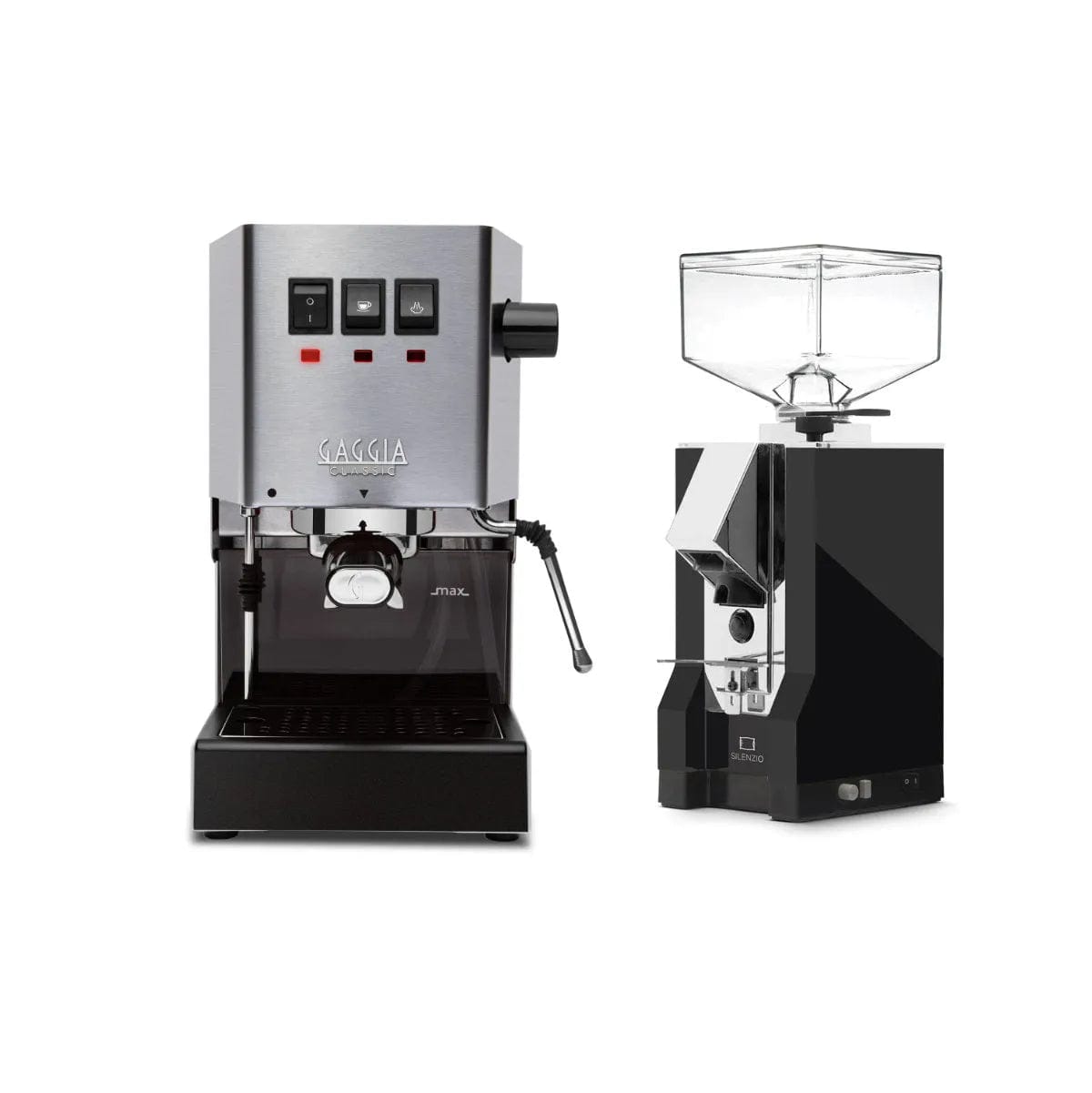 Gaggia Classic E24 Stainless Steel & Eureka Mignon Silenzio 55 Matte Black Grinder Bundle Espresso Machine Gaggia