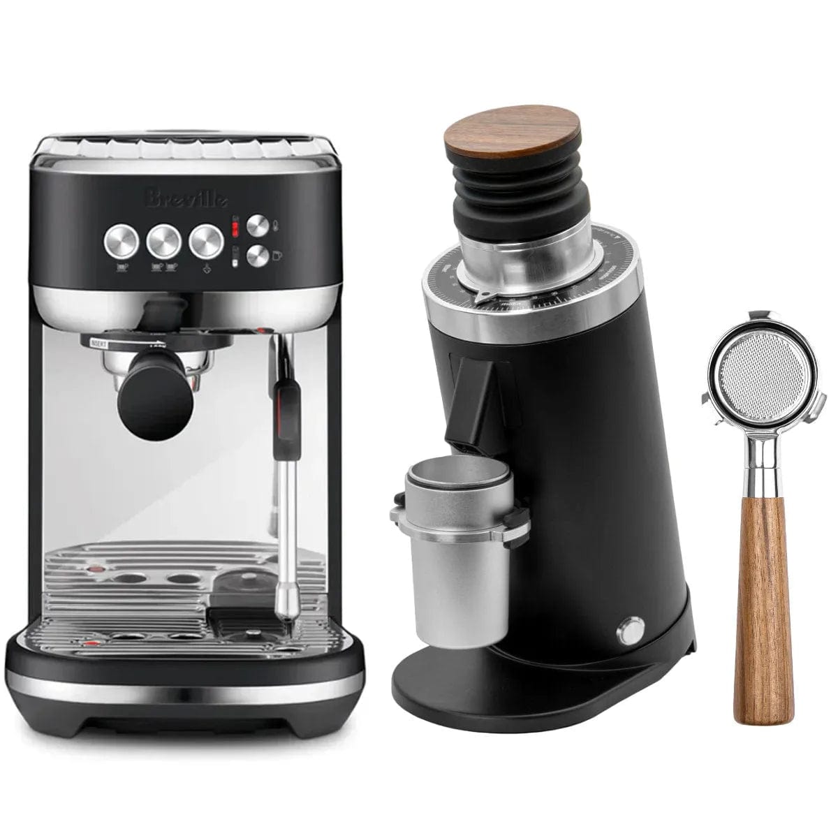 Breville The Bambino Plus Espresso Machine BES500BTR (Black Truffle), DF64 Gen 2 Grinder (Black) and Portafilter Bundle Espresso Machine Breville