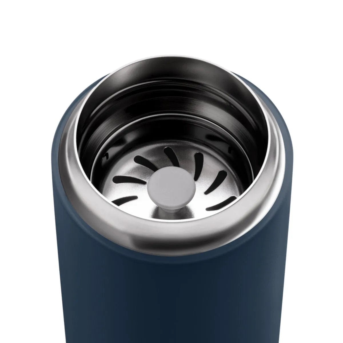 Close-up of an open Fellow Carter Move Mug 16oz (Stone Blue) by Fellow, highlighting its travel design with a shiny silver interior and strainer-style lid.