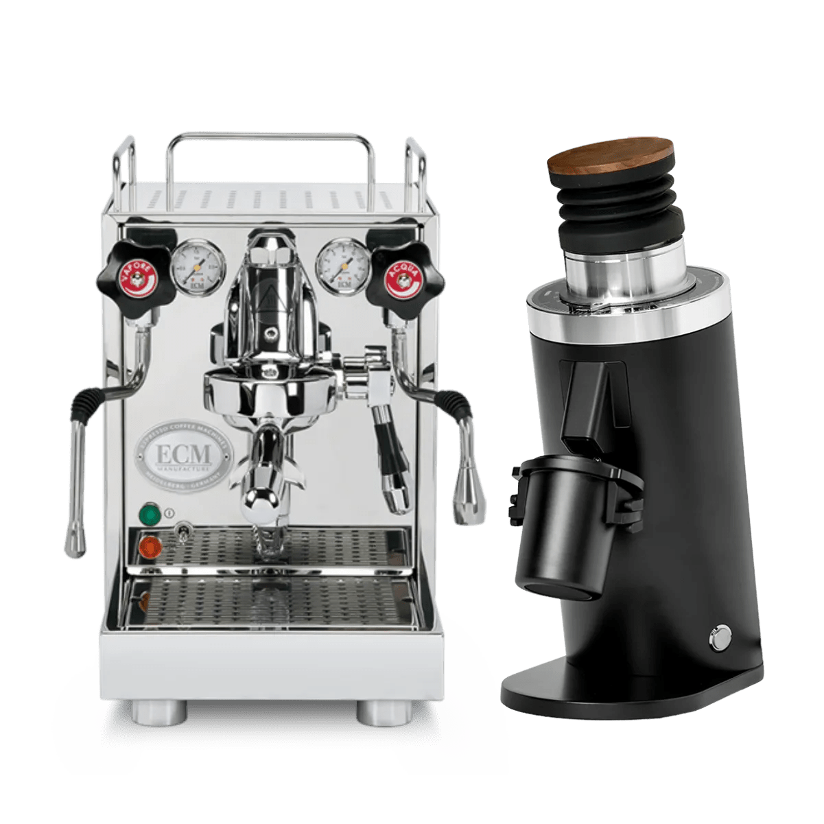 The ECM Mechanika VI Slim Espresso Machine stands next to the DF64 Gen 2 Grinder with DLC Burrs (Black) in this bundle, featuring stainless steel design and modern black accents on a white background.