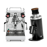 The ECM Mechanika VI Slim Espresso Machine stands next to the DF64 Gen 2 Grinder with DLC Burrs (Black) in this bundle, featuring stainless steel design and modern black accents on a white background.