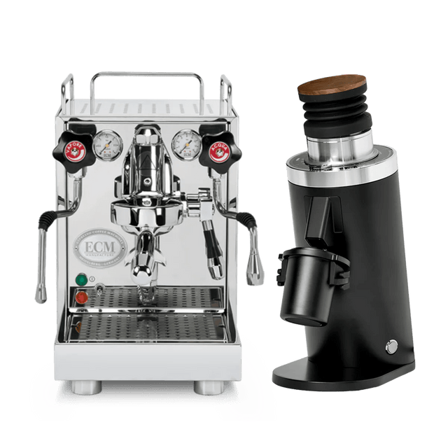 The ECM Mechanika VI Slim Espresso Machine stands next to the DF64 Gen 2 Grinder with DLC Burrs (Black) in this bundle, featuring stainless steel design and modern black accents on a white background.
