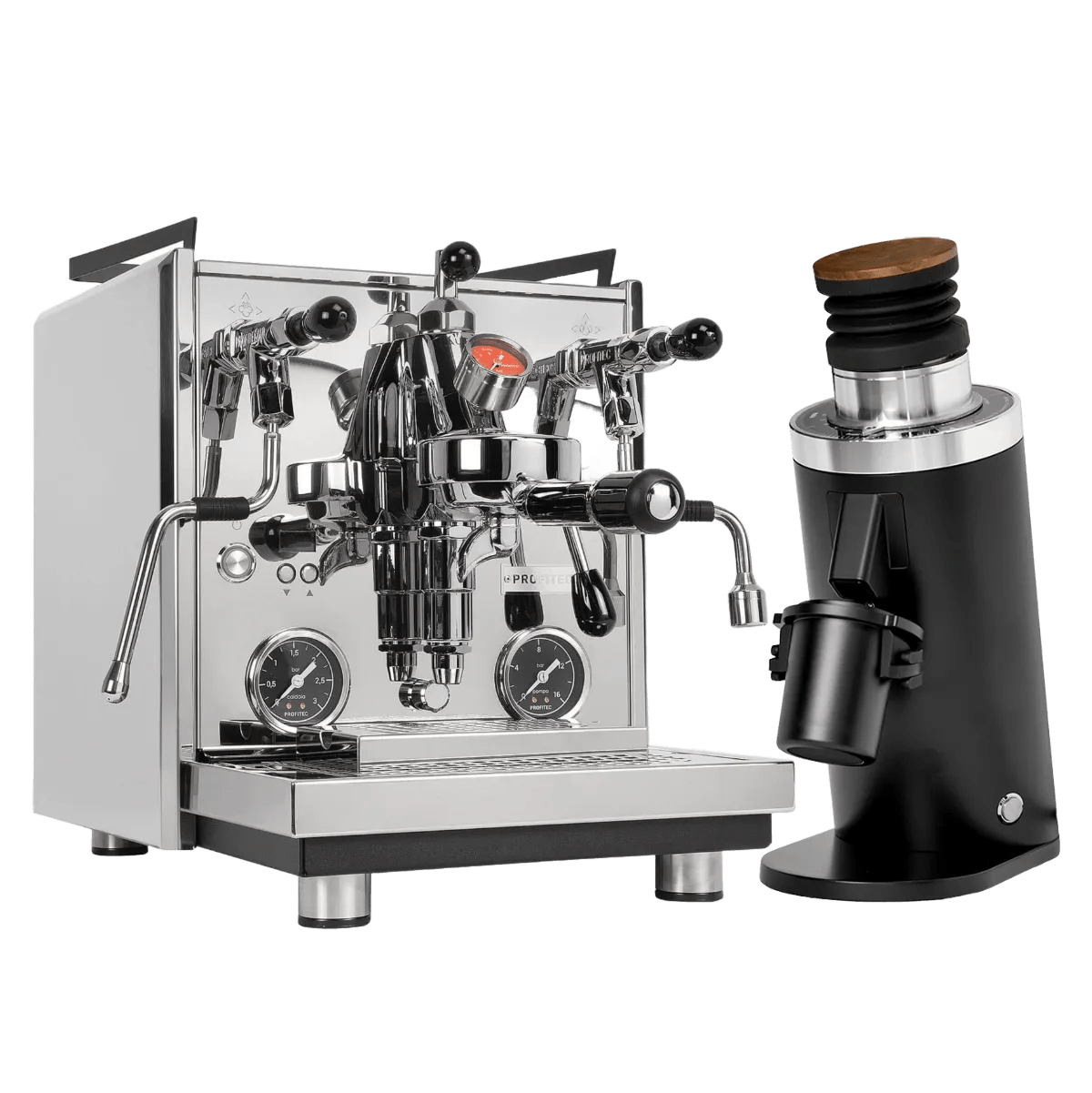 The Profitec Drive Espresso Machine with PID control and dual pressure gauges sits beside the sleek DF64 Gen 2 Black Grinder with a wooden top in this Profitec bundle.