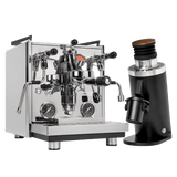 The Profitec Drive Espresso Machine with PID control and dual pressure gauges sits beside the sleek DF64 Gen 2 Black Grinder with a wooden top in this Profitec bundle.