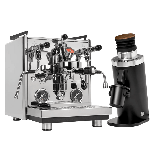 The Profitec Drive Espresso Machine with PID control and dual pressure gauges sits beside the sleek DF64 Gen 2 Black Grinder with a wooden top in this Profitec bundle.