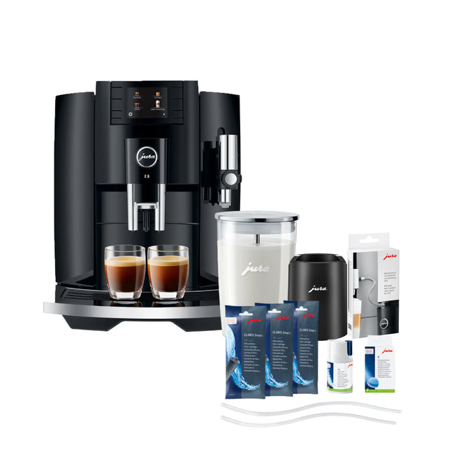 Jura E8 Black Automatic Coffee Machine Bundle (Free Jura Glass Milk Container 0.5l, Jura Glacette Black, Milk Pipe S.S Casing HP3 and Care Kit)
