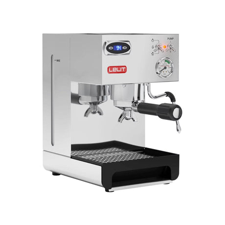 The Lelit Anna 2 PL41TEM Espresso Machine features a silver stainless steel design with a digital display showing "94." It includes a pressure gauge, steam wand, and drip tray, while the red "Lelit" logo adorns the front. Italian-made excellence in an open box model (4293).