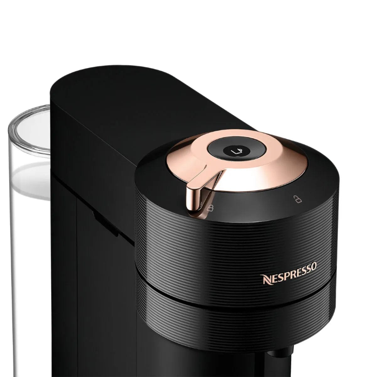 The Nespresso Vertuo Next Premium Coffee and Espresso Machine with Aeroccino by De'Longhi ENV120BAE in black with rose gold features a cylindrical design with a metallic top and rose gold accent. Equipped with Centrifusion Extraction Technology, it offers easy operation through the top button, while the visible left-side water reservoir adds convenience. The prominent Nespresso logo is displayed on the front for added style.