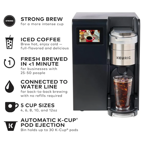 The Keurig K3550 K-Cup® Commercial Brewing System by Keurig brews iced coffee in under 1 minute, offers strong brew, 5 cup sizes, automatic pod ejection, and direct water line connection—ideal for any commercial setting.
