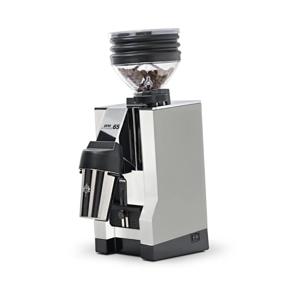 The Eureka Mignon Zero 65 All Purpose Grinder in white offers a sleek, modern design with a metallic finish. Ideal for professional baristas, this grinder features a transparent bean hopper filled with coffee beans on top and includes a stainless steel cup for grounds. Engineered to minimize coffee retention, it is perfect for all brewing methods against a pristine, white backdrop.