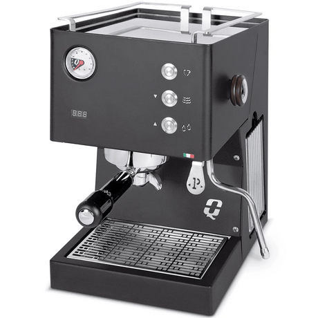 The Quick Mill Pop-up Semi-Automatic Espresso Machine 02044 (Black) features a modern boxy design, steam wand, pressure gauge, button controls, drip tray, Italian craftsmanship, and an Italian flag detail on the front.