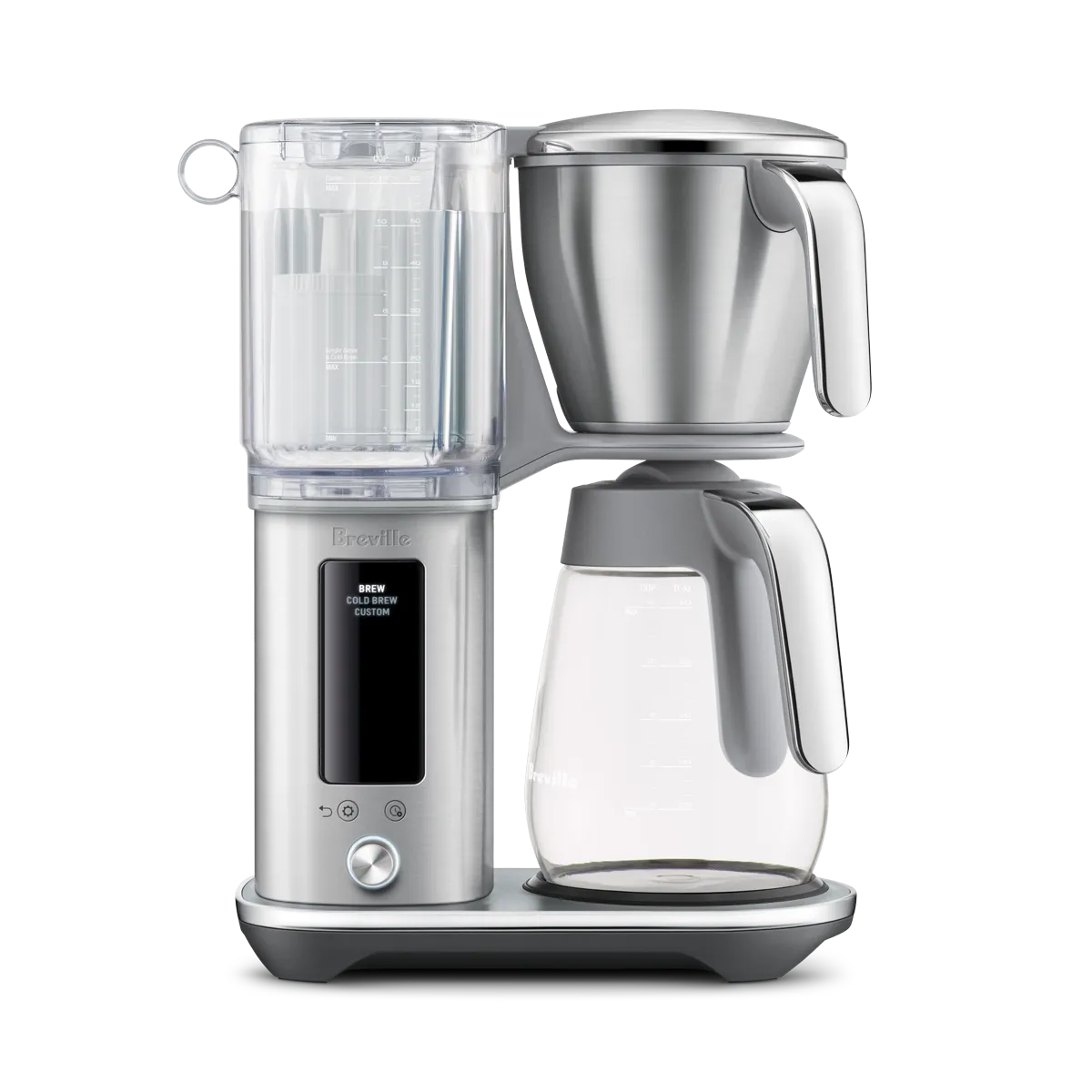 Introducing the Breville The Luxe Brewer Glass BDC415BSS (Brushed Stainless Steel), a modern coffee maker by Breville featuring a digital display, spacious water reservoir, stainless steel brew basket, and a glass carafe—all set on a sleek, contemporary base. Its minimal design makes this one-touch coffee maker the ideal choice for everyday convenience and stylish brewing.