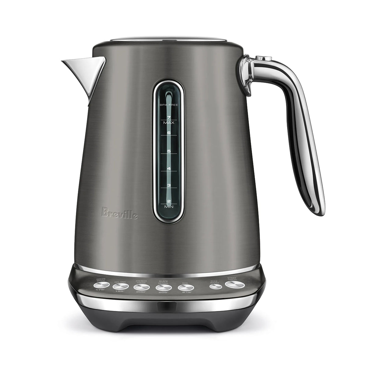 The Breville the Smart Kettle Luxe 1.7L BKE845BST (Black Stainless Steel) is a programmable kettle with a digital base, precise temperature controls, and water level indicator, shown on a white background.