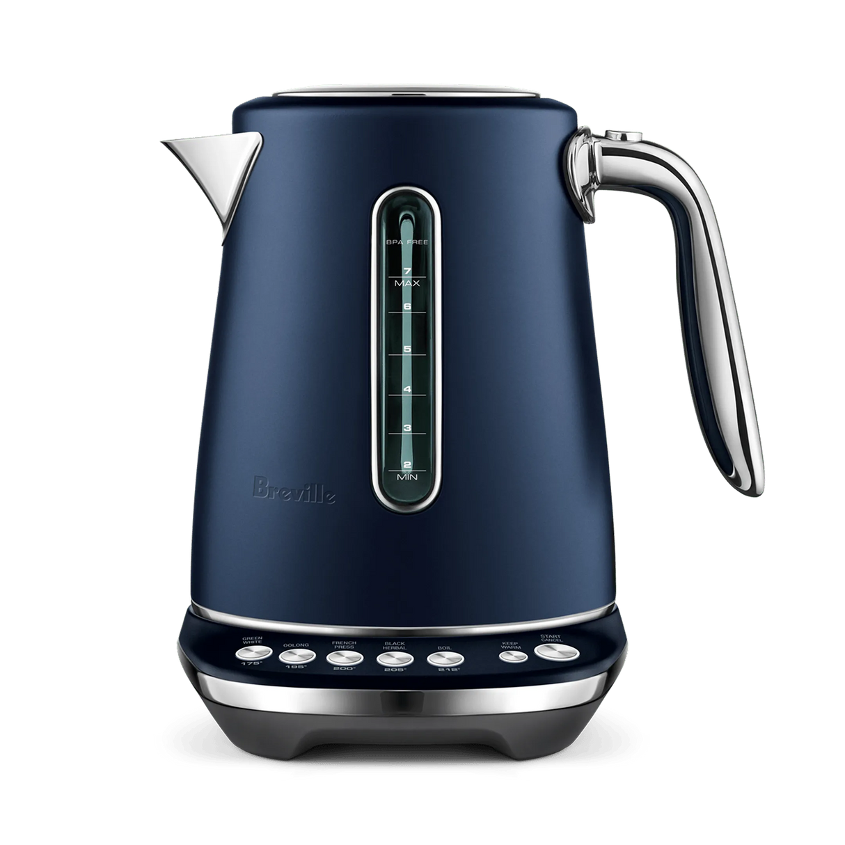 The Breville the Smart Kettle Luxe 1.7L BKE845DBL in Damson Blue features stainless steel, a matte finish, chrome handle and spout, water level window, and base control buttons—shown on a plain white background.