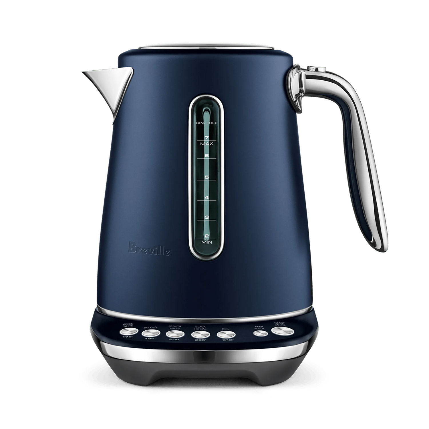 The Breville the Smart Kettle Luxe 1.7L BKE845DBL in Damson Blue features stainless steel, a matte finish, chrome handle and spout, water level window, and base control buttons—shown on a plain white background.