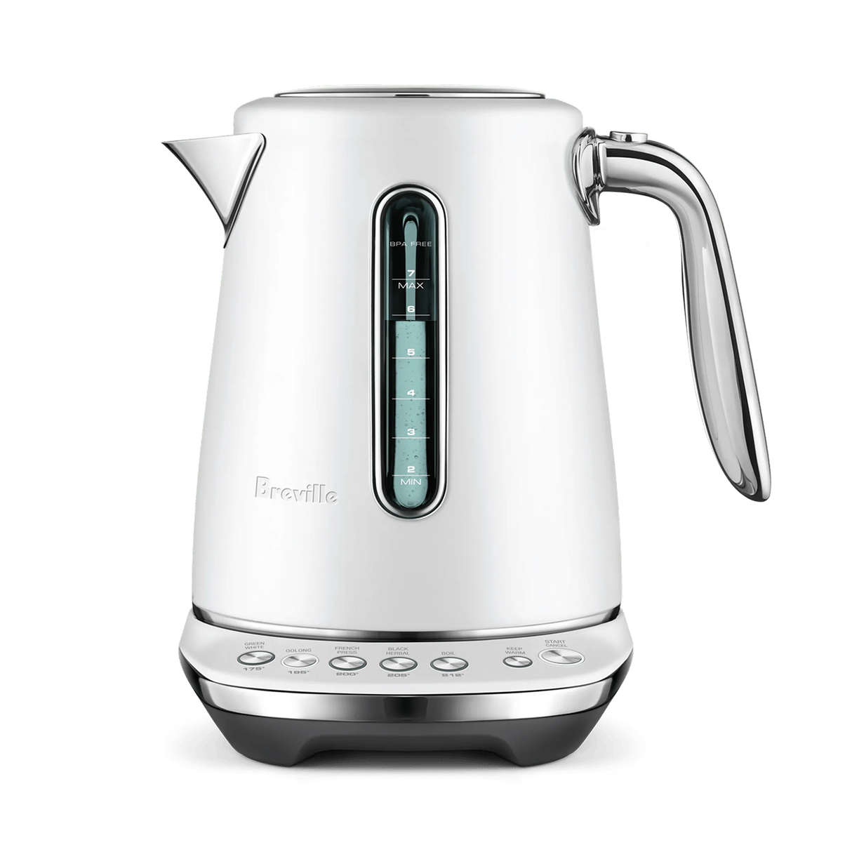 The Breville the Smart Kettle Luxe 1.7L (Sea Salt) is a sleek white kettle with a silver handle and spout, visible water window, and multiple base buttons for temperature settings, shown against a plain white background.
