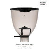 The Bellucci Preciso Mini Coffee Grinder (Stainless Steel) features a transparent plastic 500g hopper with black lid and spout. French/English labels show it's an optional accessory for your home espresso setup or on-demand coffee grinder.