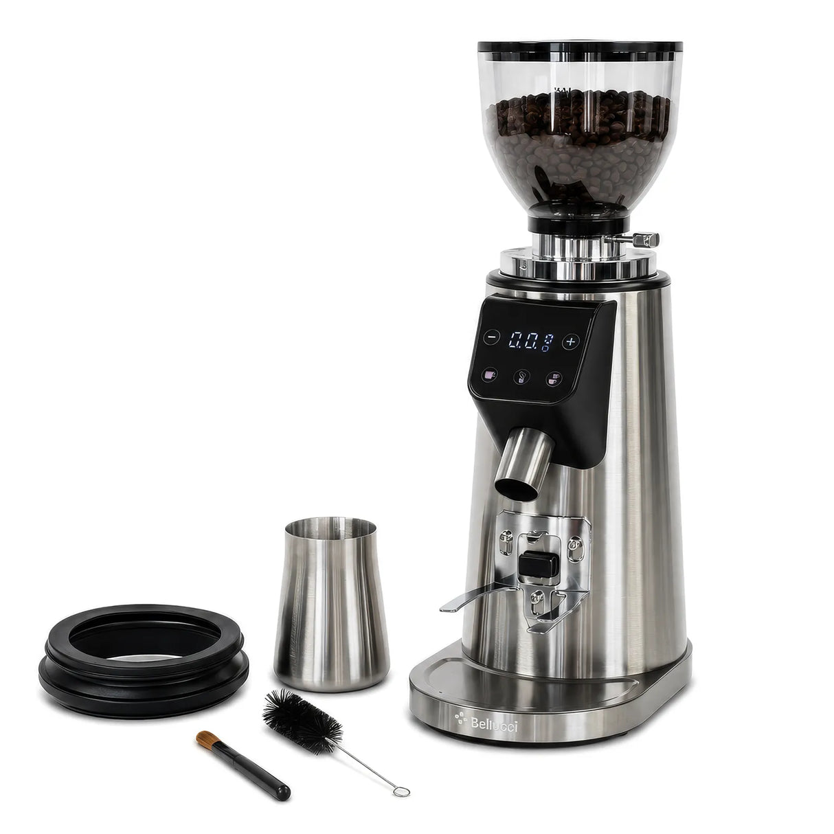 The Bellucci Preciso Mini Coffee Grinder (Stainless Steel) by Bellucci features a digital display, 64mm flat burrs, and comes with a metal container, black lid, cleaning brush, and scoop—ideal for home espresso.
