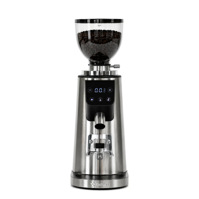 The Bellucci Preciso Mini Coffee Grinder (Stainless Steel) features a digital display, transparent bean hopper, front control buttons, and 64mm flat burrs for precise espresso grinding. "Bellucci" is displayed at the base.