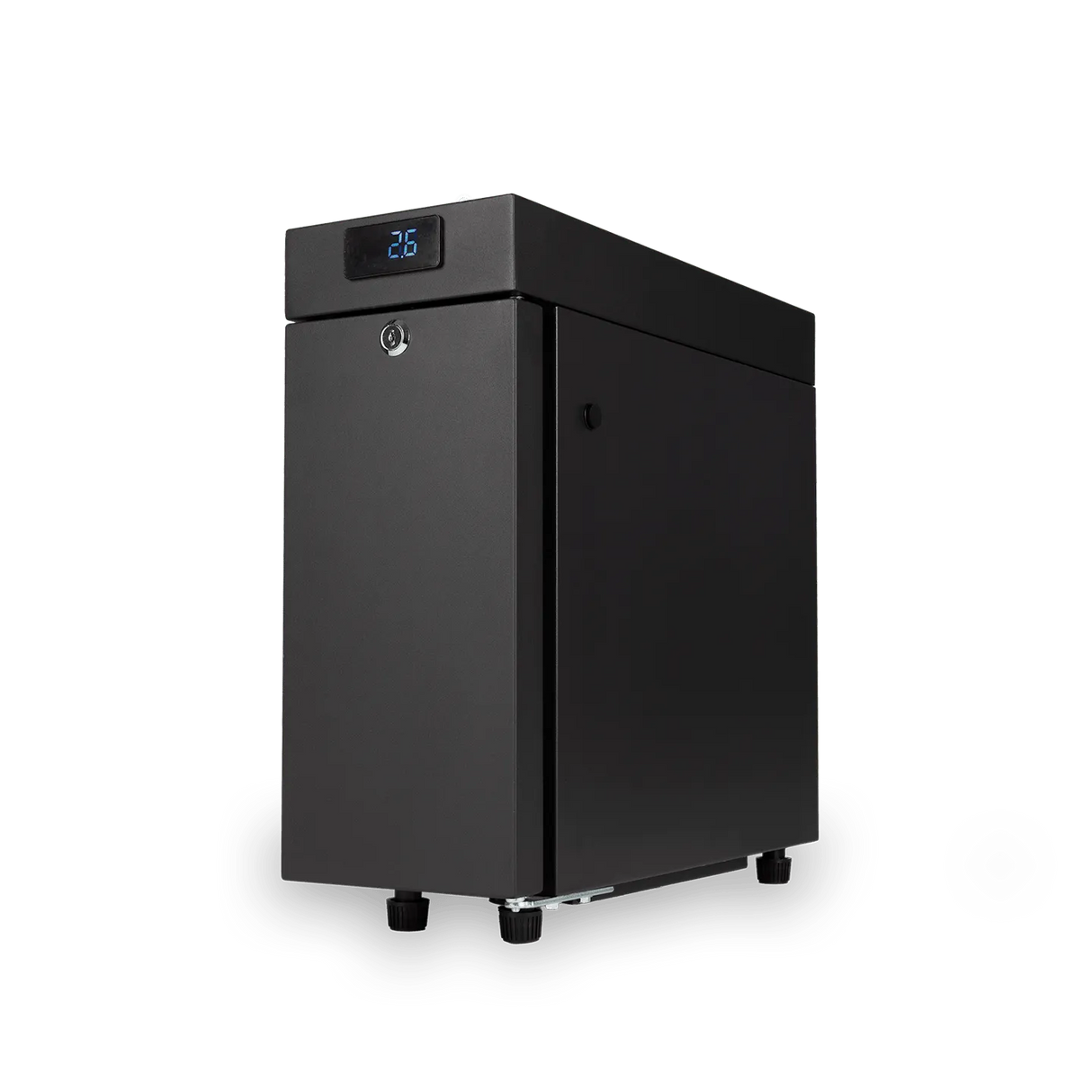 A Bellucci Milk Fridge 2.6L (Black) by Bellucci—a sleek, rectangular electronic device with a digital display reading "2.5" on top, touch screen temperature control, keyhole on the front, and four short legs—stands against a plain white background, making it an ideal addition to any commercial espresso station.