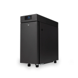 A Bellucci Milk Fridge 2.6L (Black) by Bellucci—a sleek, rectangular electronic device with a digital display reading "2.5" on top, touch screen temperature control, keyhole on the front, and four short legs—stands against a plain white background, making it an ideal addition to any commercial espresso station.