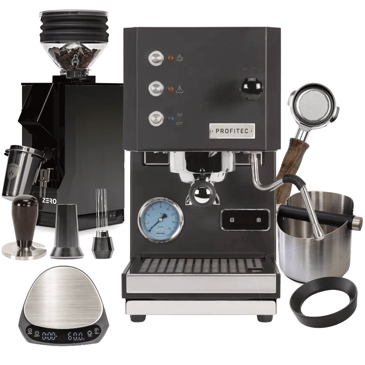 Profitec Go Espresso Machine (Black) & Eureka Zero Grinder (Black w/ Black Spout), WDT tool, Brown Wood Bottomless Portafilter, Scale, Knock Box, Dosing Funnel "Ready To" Bundle Espresso Machine Profitec
