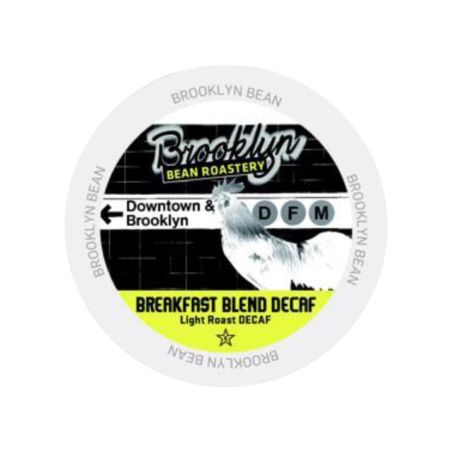 The Brooklyn Bean Breakfast Blend Decaf Single-Serve Coffee Pods come with white circular lids featuring a vintage-style design. The lids display a rooster graphic, the text "Downtown & Brooklyn," and the acronym "DFM" on a black background with white and yellow text—ideal for single-serve pods.