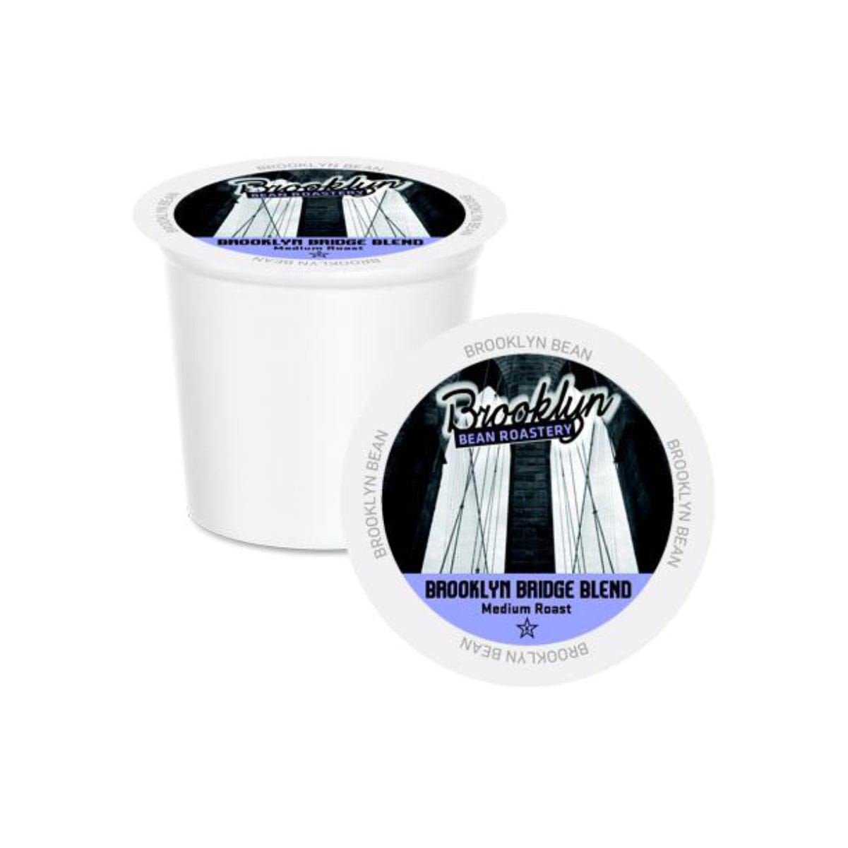 A single Keurig-compatible coffee pod from the Brooklyn Bean brand, labeled "Brooklyn Bridge Blend." The label features an image of the Brooklyn Bridge along with text indicating it's a medium roast coffee. The pod is white with a round label on top.