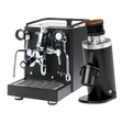 The Quick Mill Rubino Espresso Machine (Black) & DF64 Gen 2 Single Dose Coffee Grinder (Black) Bundle by Quick Mill, featuring chrome accents on the espresso machine and a wooden top on the grinder, is displayed elegantly together against a white background.