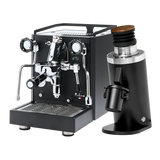The Quick Mill Rubino Espresso Machine (Black) & DF64 Gen 2 Single Dose Coffee Grinder (Black) Bundle by Quick Mill, featuring chrome accents on the espresso machine and a wooden top on the grinder, is displayed elegantly together against a white background.