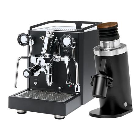 The Quick Mill Rubino Espresso Machine (Black) & DF64 Gen 2 Single Dose Coffee Grinder (Black) Bundle by Quick Mill, featuring chrome accents on the espresso machine and a wooden top on the grinder, is displayed elegantly together against a white background.