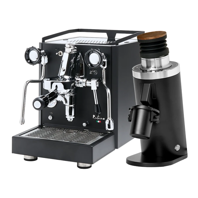 The Quick Mill Rubino Espresso Machine (Black) & DF64 Gen 2 Single Dose Coffee Grinder (Black) Bundle by Quick Mill, featuring chrome accents on the espresso machine and a wooden top on the grinder, is displayed elegantly together against a white background.