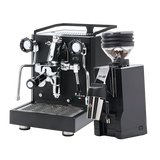 The Quick Mill Rubino Espresso Machine (Black) & Eureka Mignon Zero 65 All Purpose Grinder (Black) Bundle by Quick Mill features a sleek espresso machine with dual spouts and a steam wand alongside the versatile single-dose grinder, both elegantly displayed on a white background.