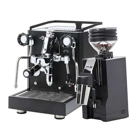The Quick Mill Rubino Espresso Machine (Black) & Eureka Mignon Zero 65 All Purpose Grinder (Black) Bundle by Quick Mill features a sleek espresso machine with dual spouts and a steam wand alongside the versatile single-dose grinder, both elegantly displayed on a white background.