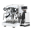 The Quick Mill Rubino Espresso Machine (Stainless Steel) & Eureka Mignon Zero 65 All Purpose Grinder (Chrome) Bundle by Quick Mill is pictured on a white background, with the espresso machine’s dual gauges and the chrome grinder filled with beans, creating the ideal setup for single-dose espresso enthusiasts.