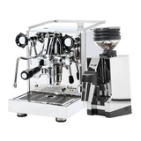 The Quick Mill Rubino Espresso Machine (Stainless Steel) & Eureka Mignon Zero 65 All Purpose Grinder (Chrome) Bundle by Quick Mill is pictured on a white background, with the espresso machine’s dual gauges and the chrome grinder filled with beans, creating the ideal setup for single-dose espresso enthusiasts.