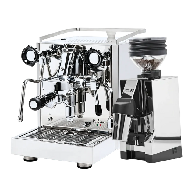 The Quick Mill Rubino Espresso Machine (Stainless Steel) & Eureka Mignon Zero 65 All Purpose Grinder (Chrome) Bundle by Quick Mill is pictured on a white background, with the espresso machine’s dual gauges and the chrome grinder filled with beans, creating the ideal setup for single-dose espresso enthusiasts.