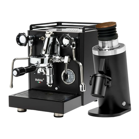The Quick Mill Rubino Plus Espresso Machine (Black) & DF64 Gen 2 Single Dose Coffee Grinder (Black) Bundle by Quick Mill is displayed on a white background, featuring a sleek black espresso machine with chrome accents paired with a matching black grinder topped with wood, creating an elegant combination.