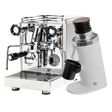The Quick Mill Rubino Espresso Machine (Stainless Steel) & DF64 Gen 2 Single Dose Coffee Grinder (White) Bundle by Quick Mill is displayed on a clean white background, showcasing the espresso machine’s gleaming gauges and levers next to the modern coffee grinder featuring a black lid and portafilter holder.