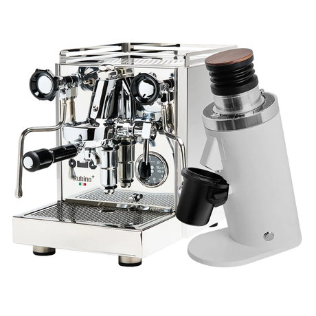 The Quick Mill Rubino Espresso Machine (Stainless Steel) & DF64 Gen 2 Single Dose Coffee Grinder (White) Bundle by Quick Mill is displayed on a clean white background, showcasing the espresso machine’s gleaming gauges and levers next to the modern coffee grinder featuring a black lid and portafilter holder.