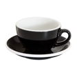 The Loveramics Egg 200ml Cappuccino Cup and Saucer in black, from Loveramics, features a white interior and rimmed saucer, all displayed against a plain white background.