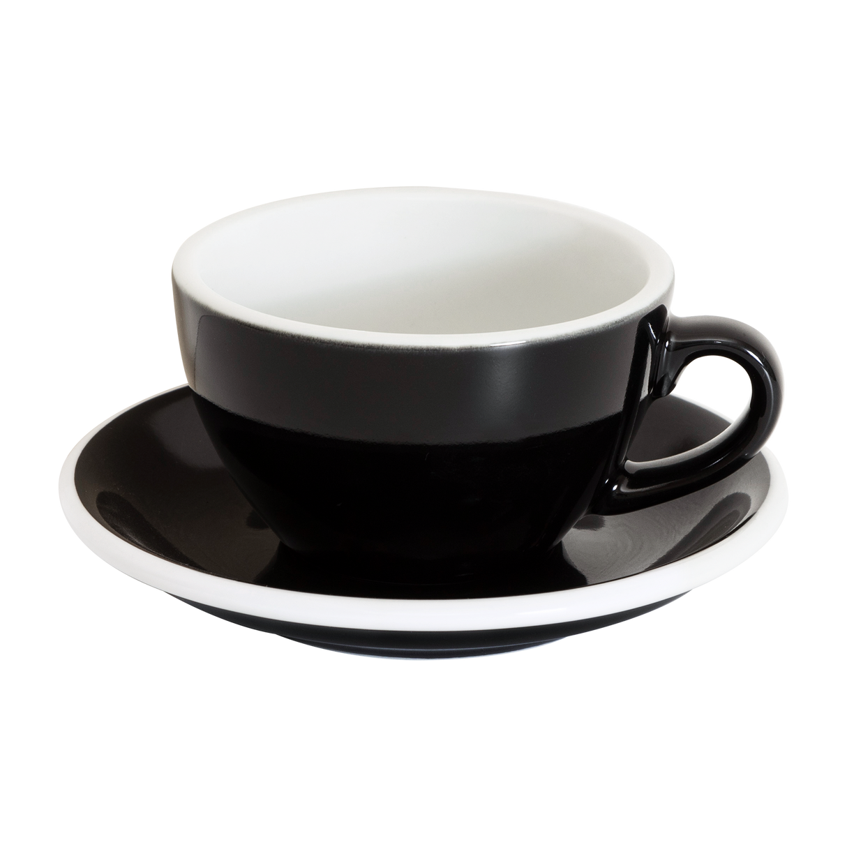 The Loveramics Egg 200ml Cappuccino Cup and Saucer in black, from Loveramics, features a white interior and rimmed saucer, all displayed against a plain white background.
