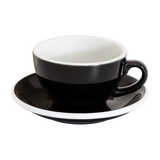 The Loveramics Egg 200ml Cappuccino Cup and Saucer in black, from Loveramics, features a white interior and rimmed saucer, all displayed against a plain white background.