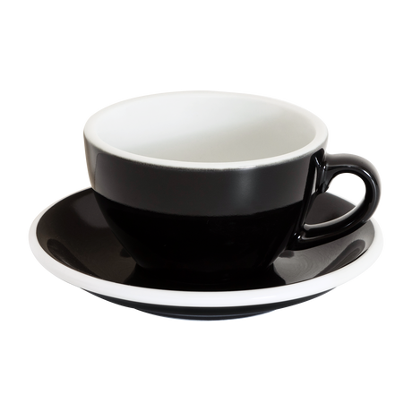 The Loveramics Egg 200ml Cappuccino Cup and Saucer in black, from Loveramics, features a white interior and rimmed saucer, all displayed against a plain white background.