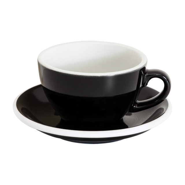 The Loveramics Egg 200ml Cappuccino Cup and Saucer in black, from Loveramics, features a white interior and rimmed saucer, all displayed against a plain white background.