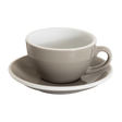 A Loveramics Egg 200ml Cappuccino Cup with handle, in taupe, rests on its matching saucer against a white background, reflecting the style of the World Latte Art Championship cup.