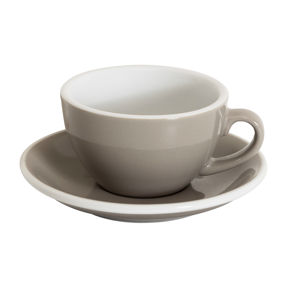 A Loveramics Egg 200ml Cappuccino Cup with handle, in taupe, rests on its matching saucer against a white background, reflecting the style of the World Latte Art Championship cup.