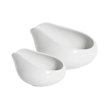 Two white Loveramics Coffee Dosing Trays of different sizes are displayed against a plain white background. Each tray features a smooth, modern design with a spouted end, echoing the minimalist aesthetic often favored in coffee grinder accessories recommended by James Hoffmann.